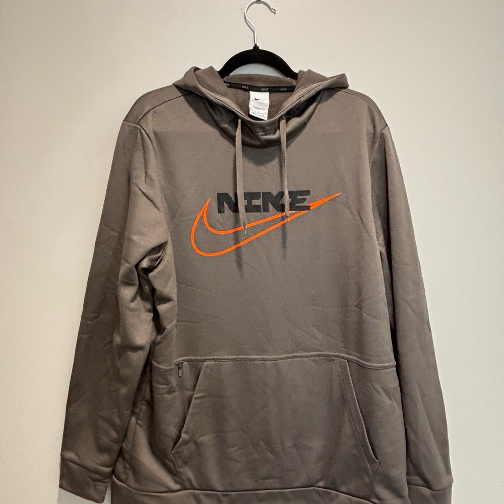 Nike Men's Gray Hoodie with Orange Logo